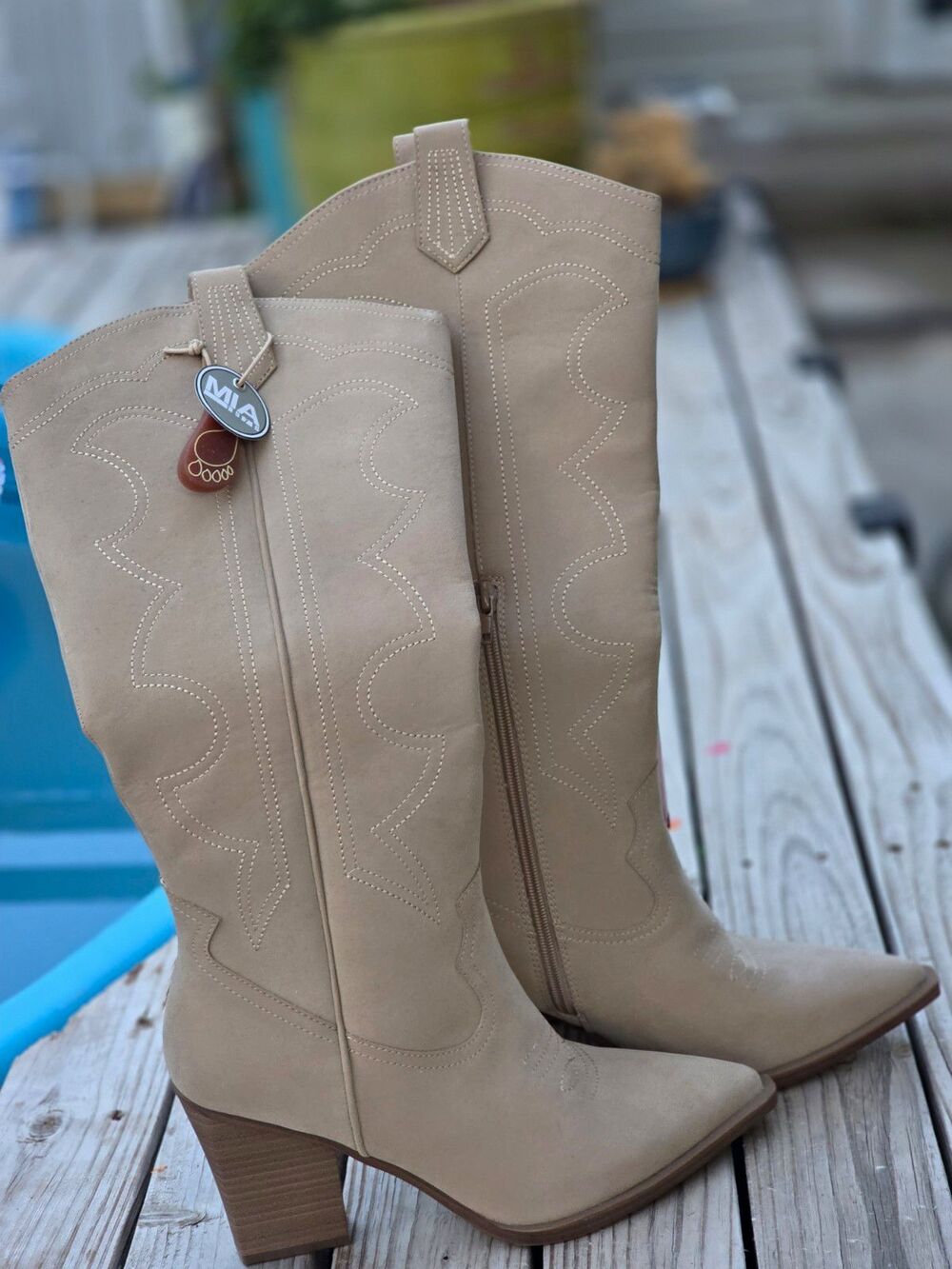 MIA Tex Western Knee High Boots Beige Faux Leather Zip Pointed Toe Size 9